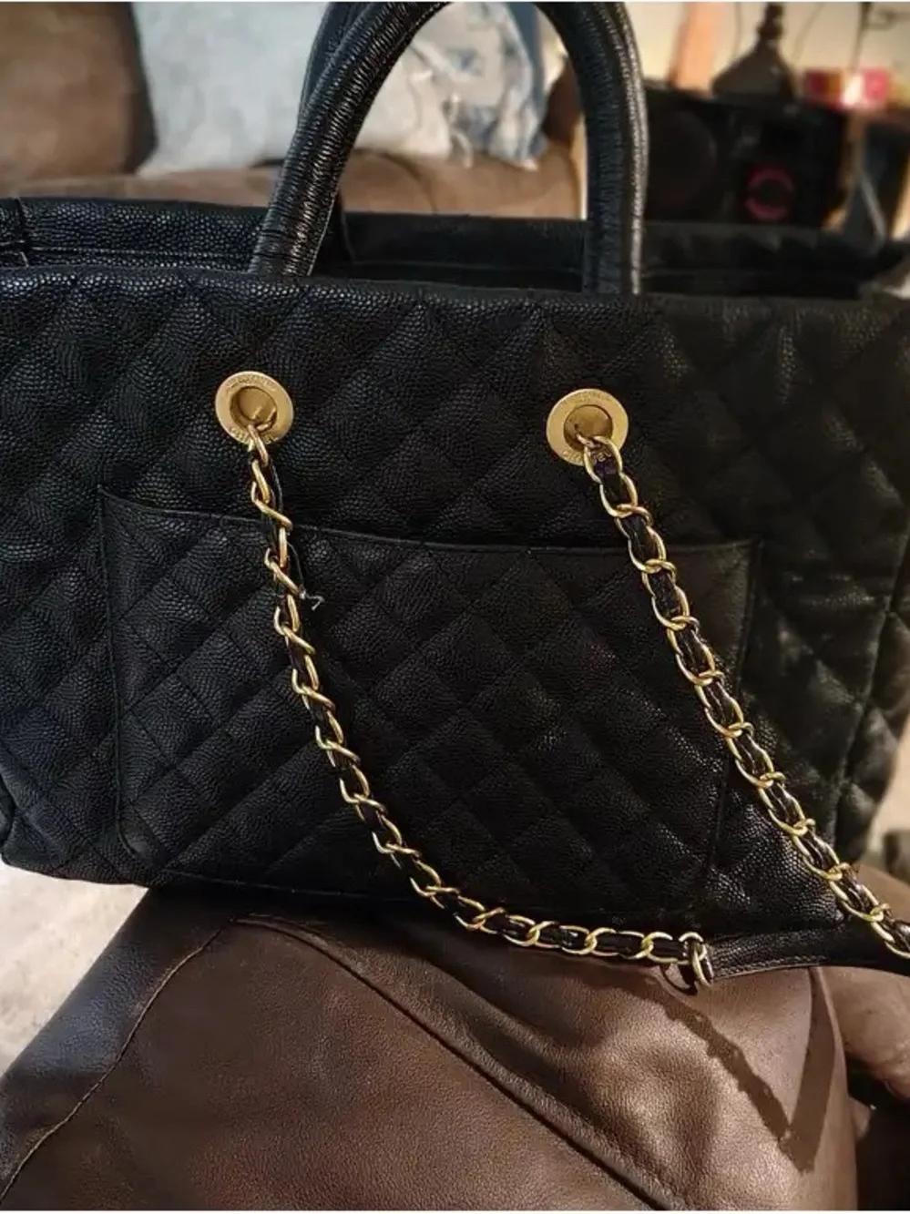 CHANEL Black Quilted Leather Double-Handle Tote with Gold CC Hardware